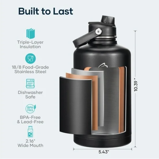 Buzio Duet Series Water Bottle with 2 Lids and Sleeve 2.5L - Black